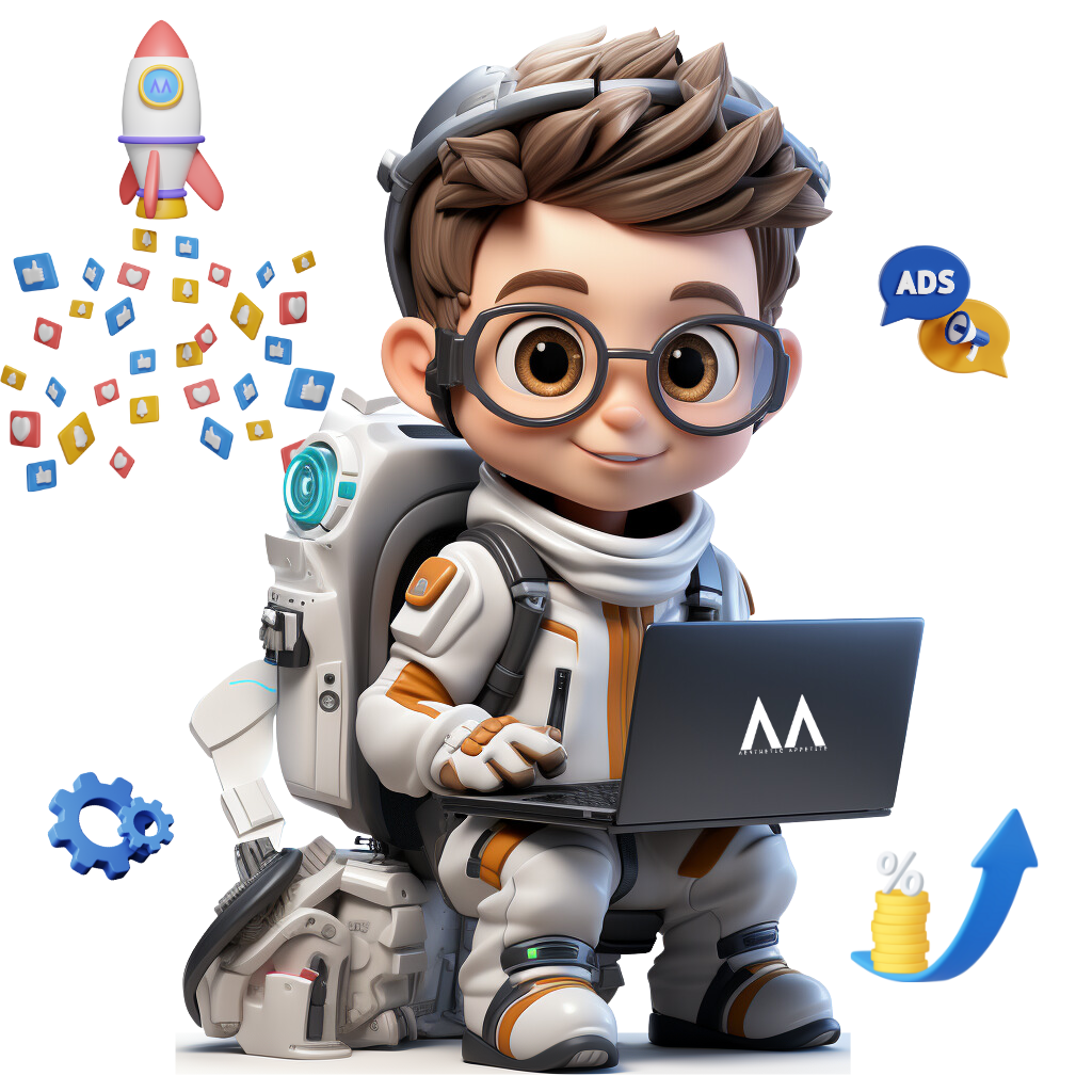 An animated character of a young astronaut with glasses, holding a laptop, surrounded by symbols of technology and progress.